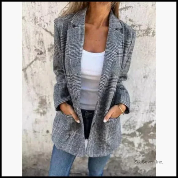 Tweed Blazer with Notch Lapel, Long Sleeve, 100% Polyester